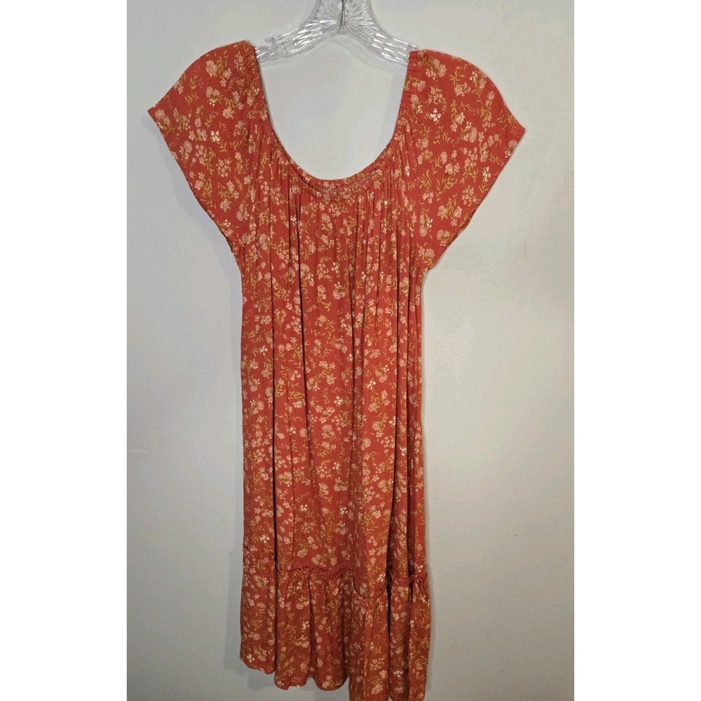 Pink Rose Medium Soft Red Floral Boho Peasant Shift Dress Flowy Festival Artsy
